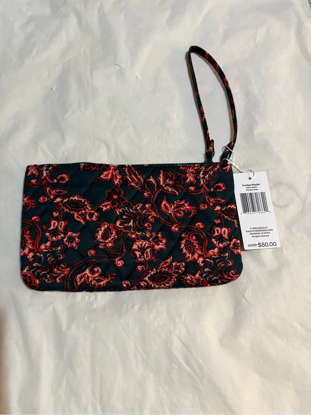 Vera Bradley Navy Blue Quilted Wristlet with Red Floral Print